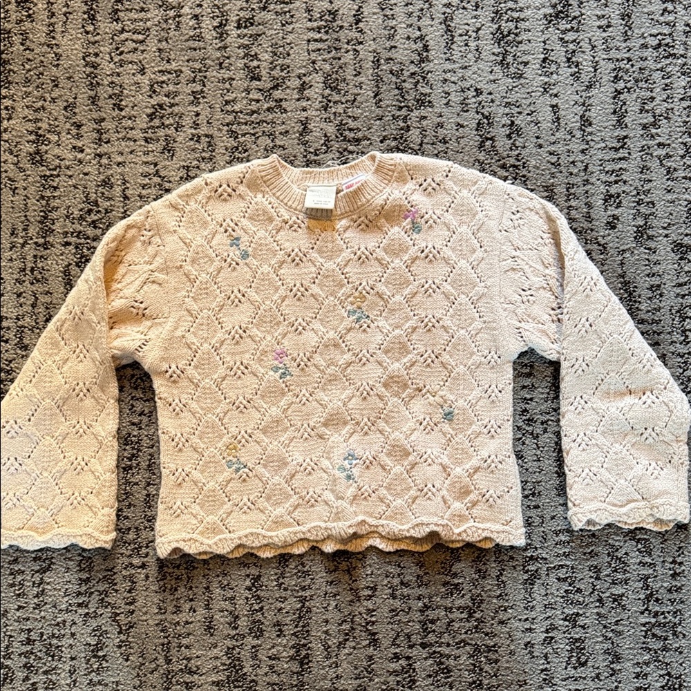 Girl’s Cream Crochet Sweater Top with Floral Embroidery